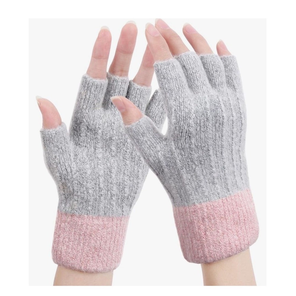 Women Winter Fingerless Gloves Pink Gray Knit Half Finger Fleece Lined Mittens‎